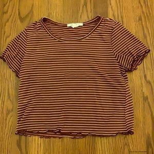 maroon and white striped cropped tee